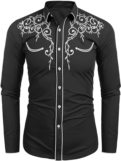 COOFANDY Men's Western Cowboy Shirts Long Sleeve Embroidered Shirt Slim Fit Casual Button Down Shirts S-XXL