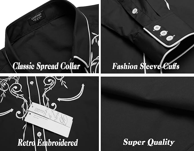 COOFANDY Men's Western Cowboy Shirts Long Sleeve Embroidered Shirt Slim Fit Casual Button Down Shirts S-XXL