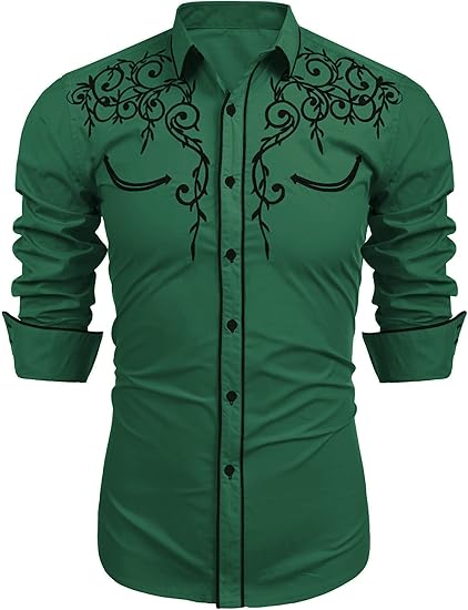COOFANDY Men's Western Cowboy Shirts Long Sleeve Embroidered Shirt Slim Fit Casual Button Down Shirts S-XXL