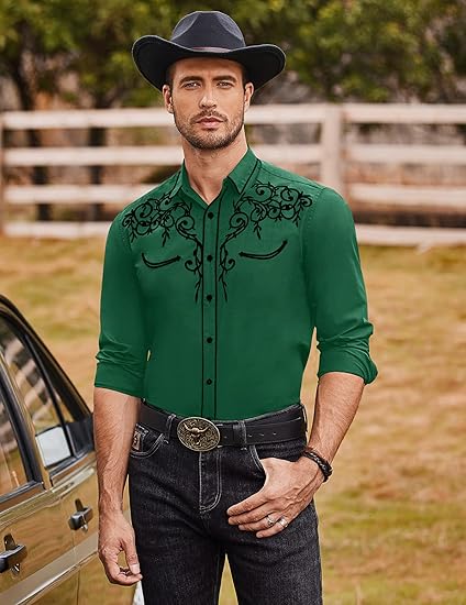 COOFANDY Men's Western Cowboy Shirts Long Sleeve Embroidered Shirt Slim Fit Casual Button Down Shirts S-XXL
