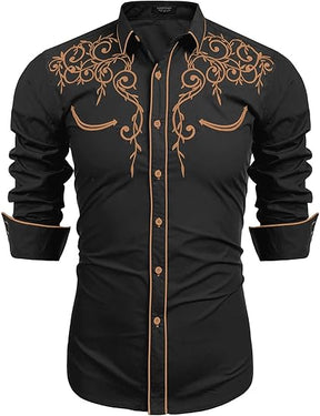 COOFANDY Men's Western Cowboy Shirts Long Sleeve Embroidered Shirt Slim Fit Casual Button Down Shirts S-XXL