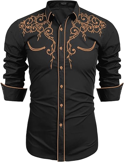 COOFANDY Men's Western Cowboy Shirts Long Sleeve Embroidered Shirt Slim Fit Casual Button Down Shirts S-XXL