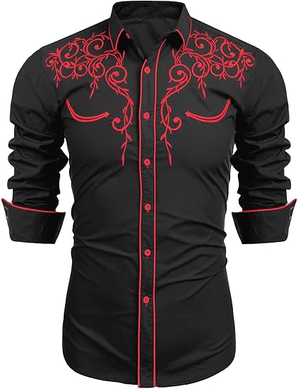 COOFANDY Men's Western Cowboy Shirts Long Sleeve Embroidered Shirt Slim Fit Casual Button Down Shirts S-XXL