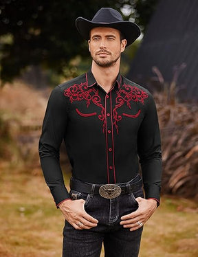 COOFANDY Men's Western Cowboy Shirts Long Sleeve Embroidered Shirt Slim Fit Casual Button Down Shirts S-XXL
