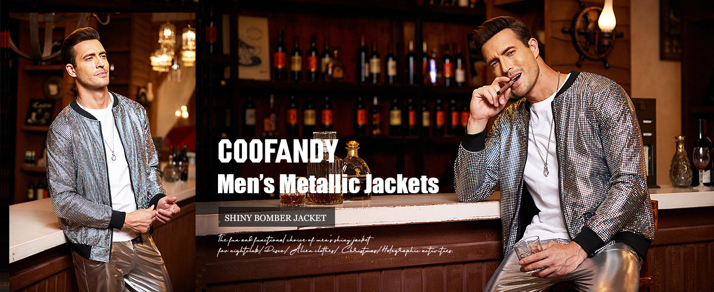 COOFANDY Men's Metallic Jacket 70s Disco Party Varsity Jacket Zip-up Baseball Bomber S-XXL