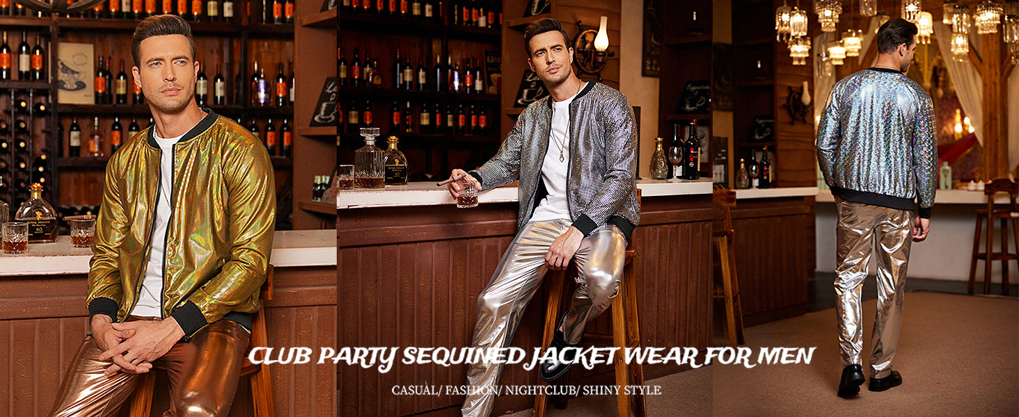COOFANDY Men's Metallic Jacket 70s Disco Party Varsity Jacket Zip-up Baseball Bomber S-XXL