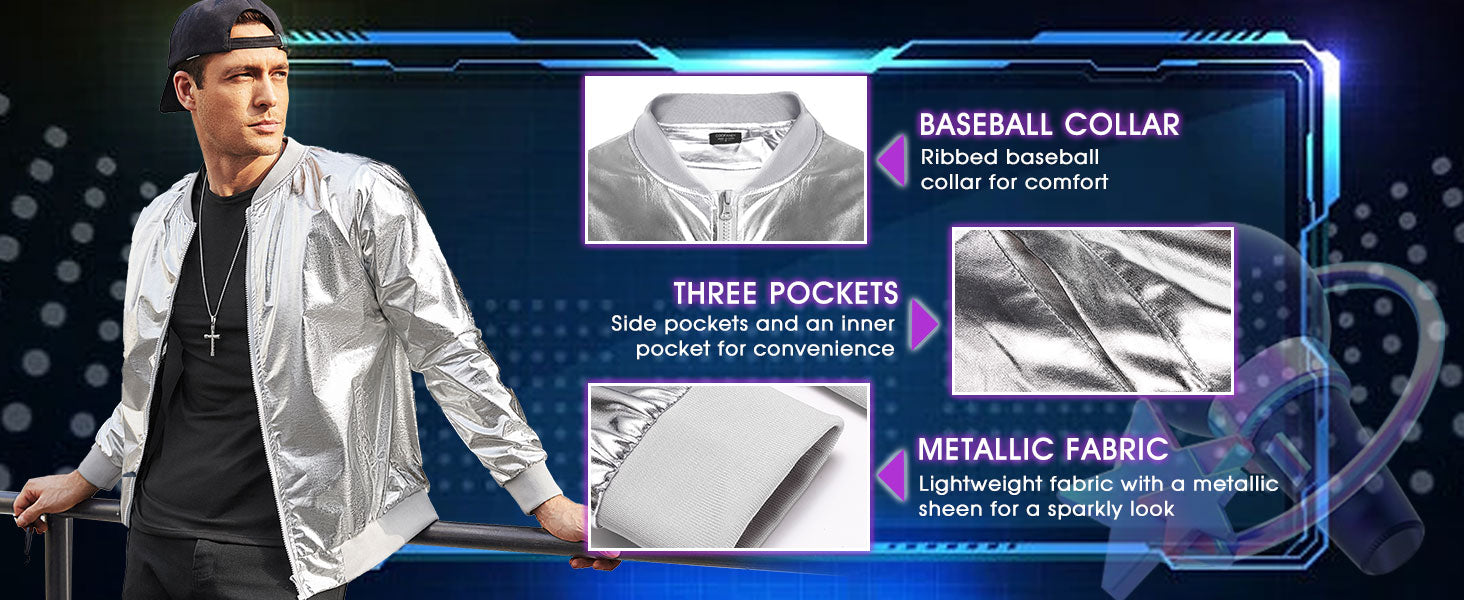 COOFANDY Men's Metallic Jacket 70s Disco Party Varsity Jacket Zip-up Baseball Bomber S-XXL
