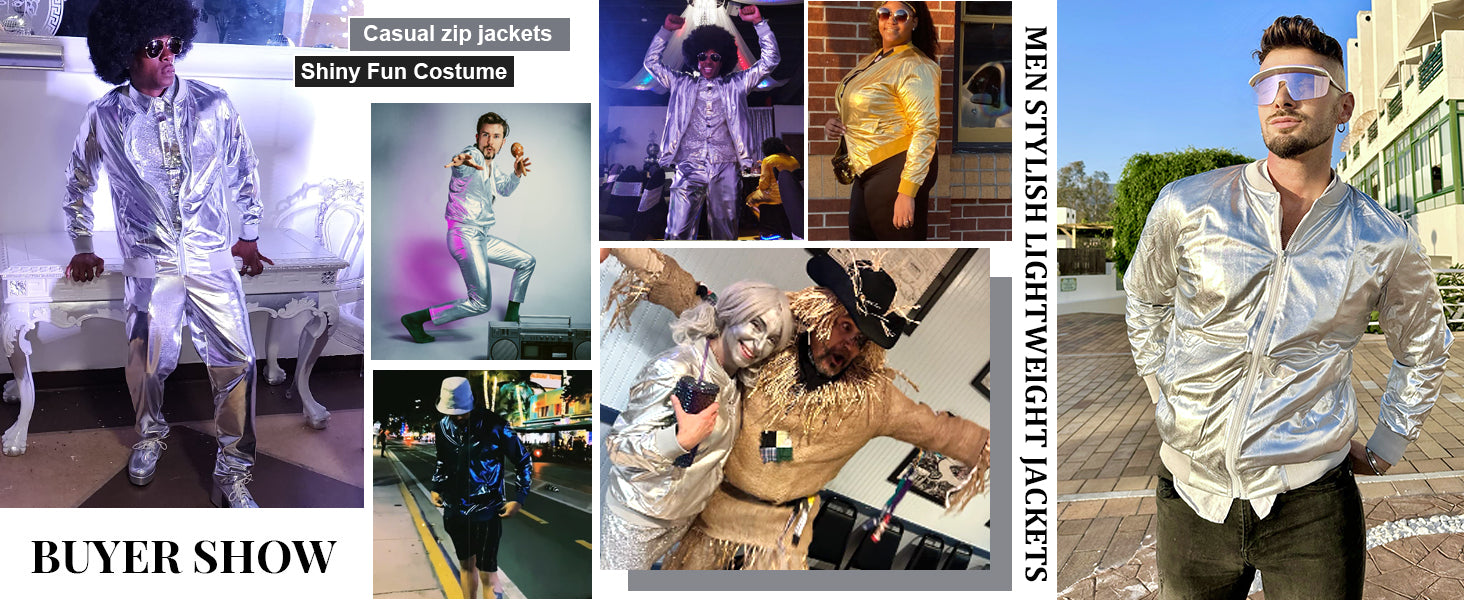 COOFANDY Men's Metallic Jacket 70s Disco Party Varsity Jacket Zip-up Baseball Bomber S-XXL