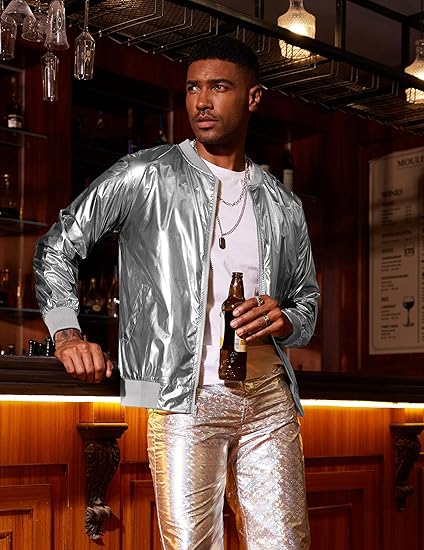COOFANDY Men's Metallic Jacket 70s Disco Party Varsity Jacket Zip-up Baseball Bomber S-XXL