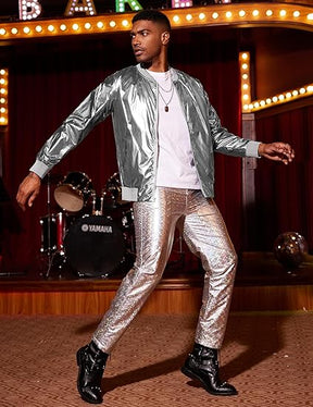 COOFANDY Men's Metallic Jacket 70s Disco Party Varsity Jacket Zip-up Baseball Bomber S-XXL