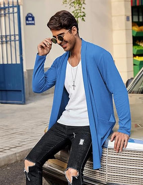 COOFANDY Men's Ruffle Shawl Collar Cardigan Open Front Lightweight Long Length Drape Cape Overcoat with Pockets S-XXXL