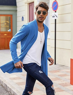 COOFANDY Men's Ruffle Shawl Collar Cardigan Open Front Lightweight Long Length Drape Cape Overcoat with Pockets S-XXXL
