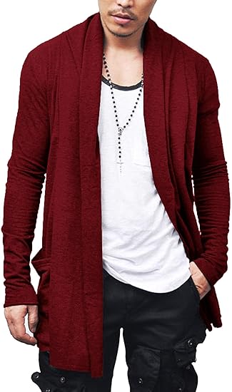 COOFANDY Men's Ruffle Shawl Collar Cardigan Open Front Lightweight Long Length Drape Cape Overcoat with Pockets S-XXXL