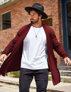 COOFANDY Men's Ruffle Shawl Collar Cardigan Open Front Lightweight Long Length Drape Cape Overcoat with Pockets S-XXXL