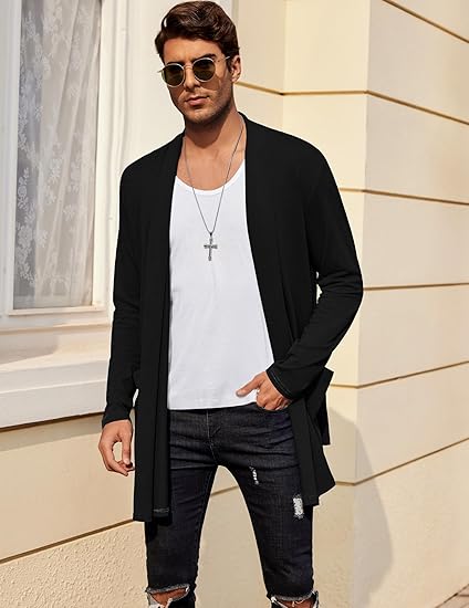 COOFANDY Men's Ruffle Shawl Collar Cardigan Open Front Lightweight Long Length Drape Cape Overcoat with Pockets S-XXXL