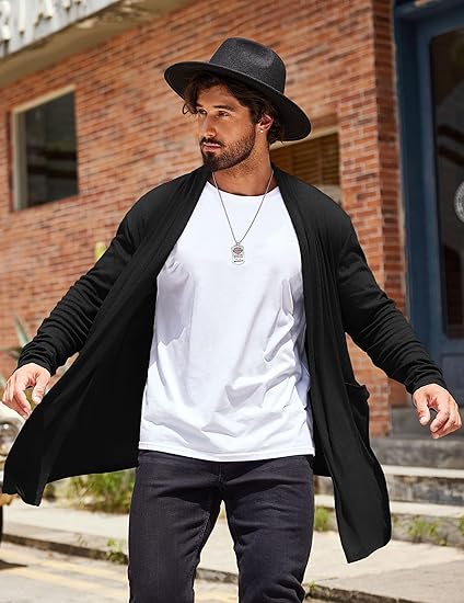 COOFANDY Men's Ruffle Shawl Collar Cardigan Open Front Lightweight Long Length Drape Cape Overcoat with Pockets S-XXXL