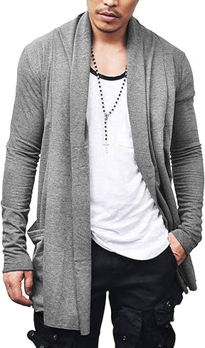 COOFANDY Men's Ruffle Shawl Collar Cardigan Open Front Lightweight Long Length Drape Cape Overcoat with Pockets S-XXXL