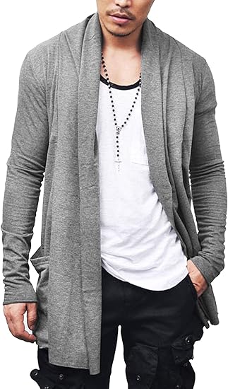 COOFANDY Men's Ruffle Shawl Collar Cardigan Open Front Lightweight Long Length Drape Cape Overcoat with Pockets S-XXXL