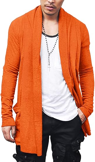 COOFANDY Men's Ruffle Shawl Collar Cardigan Open Front Lightweight Long Length Drape Cape Overcoat with Pockets S-XXXL