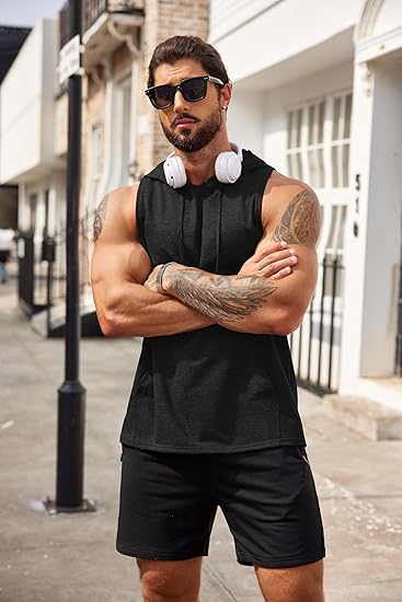 COOFANDY Men's Workout Hooded Tank Tops Bodybuilding Muscle Cut Off T Shirt Sleeveless Gym Hoodies M-L