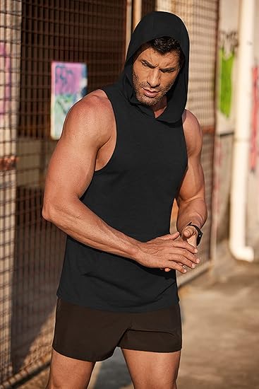COOFANDY Men's Workout Hooded Tank Tops Bodybuilding Muscle Cut Off T Shirt Sleeveless Gym Hoodies M-L