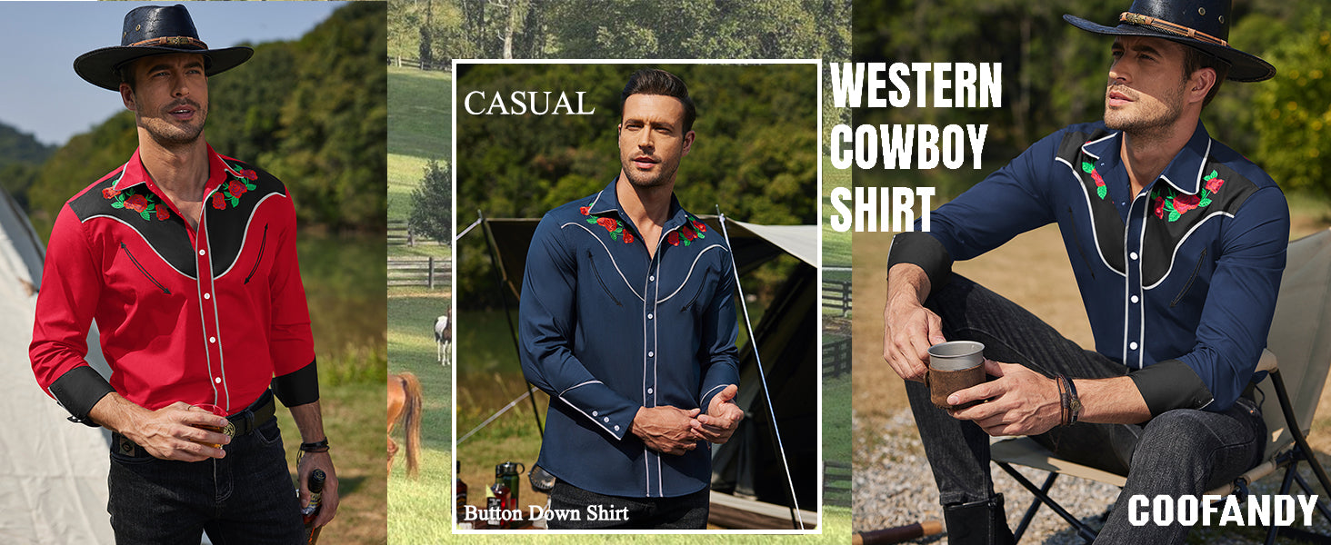 COOFANDY Men's Western Cowboy Shirt Long Sleeve Slim Fit Rose Embroidered Cotton Casual Button Down Shirts S-XXL