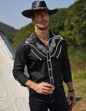 COOFANDY Men's Western Cowboy Shirt Long Sleeve Slim Fit Rose Embroidered Cotton Casual Button Down Shirts S-XXL