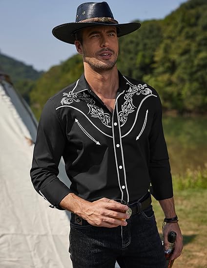 COOFANDY Men's Western Cowboy Shirt Long Sleeve Slim Fit Rose Embroidered Cotton Casual Button Down Shirts S-XXL