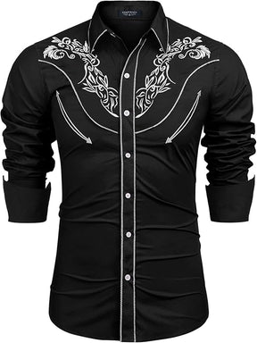 COOFANDY Men's Western Cowboy Shirt Long Sleeve Slim Fit Rose Embroidered Cotton Casual Button Down Shirts S-XXL