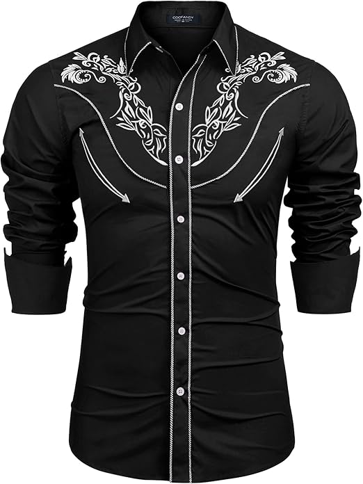 COOFANDY Men's Western Cowboy Shirt Long Sleeve Slim Fit Rose Embroidered Cotton Casual Button Down Shirts S-XXL