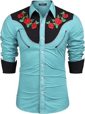 COOFANDY Men's Western Cowboy Shirt Long Sleeve Slim Fit Rose Embroidered Cotton Casual Button Down Shirts S-XXL