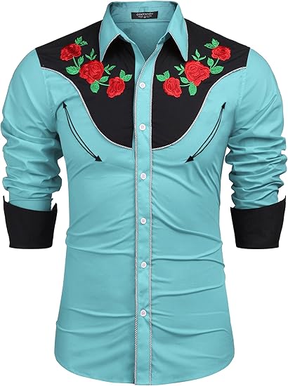 COOFANDY Men's Western Cowboy Shirt Long Sleeve Slim Fit Rose Embroidered Cotton Casual Button Down Shirts S-XXL