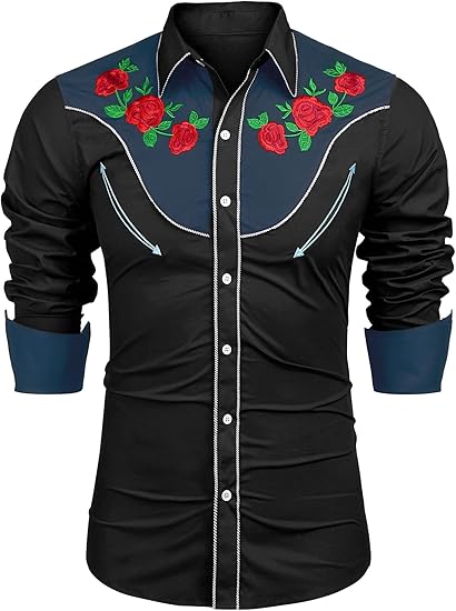 COOFANDY Men's Western Cowboy Shirt Long Sleeve Slim Fit Rose Embroidered Cotton Casual Button Down Shirts S-XXL