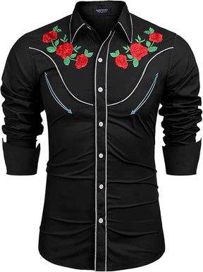 COOFANDY Men's Western Cowboy Shirt Long Sleeve Slim Fit Rose Embroidered Cotton Casual Button Down Shirts S-XXL