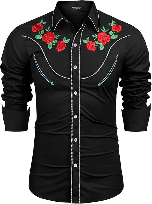 COOFANDY Men's Western Cowboy Shirt Long Sleeve Slim Fit Rose Embroidered Cotton Casual Button Down Shirts S-XXL