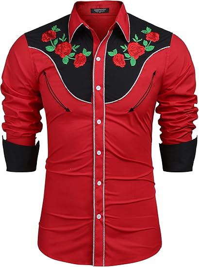 COOFANDY Men's Western Cowboy Shirt Long Sleeve Slim Fit Rose Embroidered Cotton Casual Button Down Shirts S-XXL