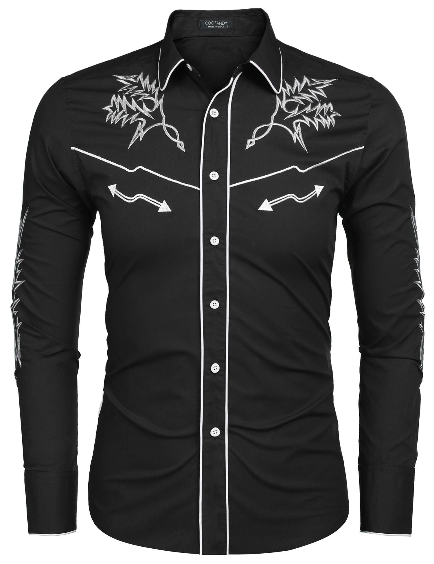 COOFANDY Men's Western Cowboy Long Sleeve Embroidered Slim Fit Cotton Casual Button Down Shirt