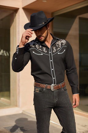 COOFANDY Men's Western Cowboy Long Sleeve Embroidered Slim Fit Cotton Casual Button Down Shirt