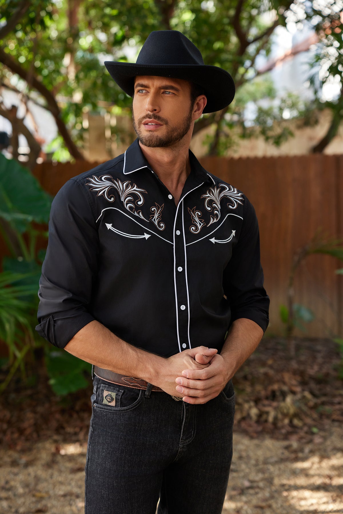 COOFANDY Men's Western Cowboy Long Sleeve Embroidered Slim Fit Cotton Casual Button Down Shirt