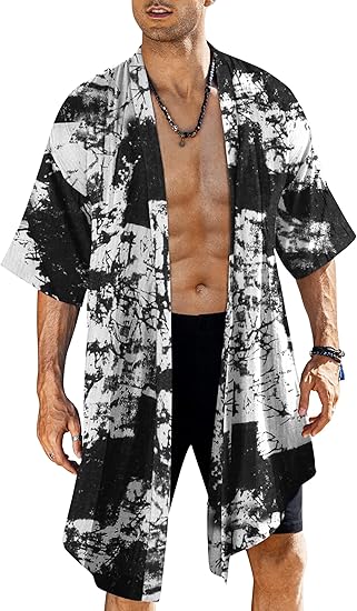 COOFANDY Men's Ruffle Shawl Collar Lightweight Cardigan Long Jackets Open Front Drape Cape Coat S-XXL