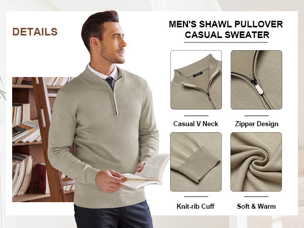 COOFANDY Men's Quarter Zip Up Sweaters Slim Fit Lightweight Mock Neck Pullover Casual Polo Sweaters