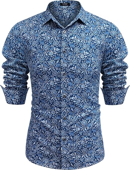 COOFANDY Men's Paisley Cotton Long Sleeve Shirt Floral Print Casual Retro Button Down Shirt S-XXL