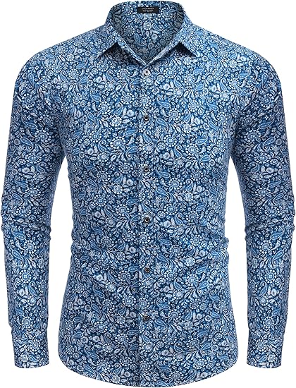 COOFANDY Men's Paisley Cotton Long Sleeve Shirt Floral Print Casual Retro Button Down Shirt S-XXL