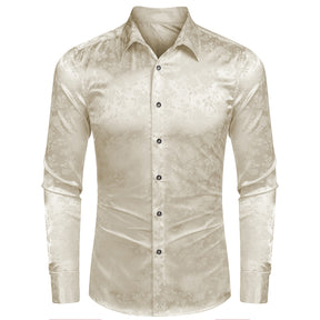 COOFANDY Men's Silk Satin Dress Shirts Jacquard Long Sleeve Floral Button Up Shirts Party Prom Wedding Shirt