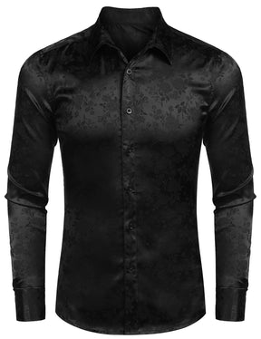 COOFANDY Men's Silk Satin Dress Shirts Jacquard Long Sleeve Floral Button Up Shirts Party Prom Wedding Shirt