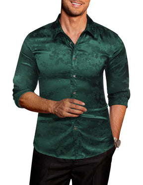 COOFANDY Men's Silk Satin Dress Shirts Jacquard Long Sleeve Floral Button Up Shirts Party Prom Wedding Shirt