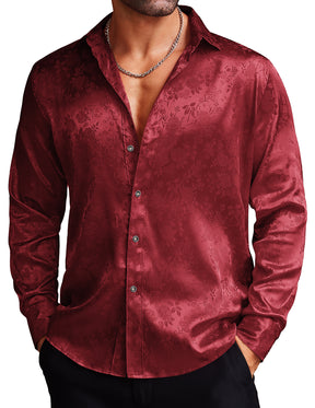 COOFANDY Men's Silk Satin Dress Shirts Jacquard Long Sleeve Floral Button Up Shirts Party Prom Wedding Shirt