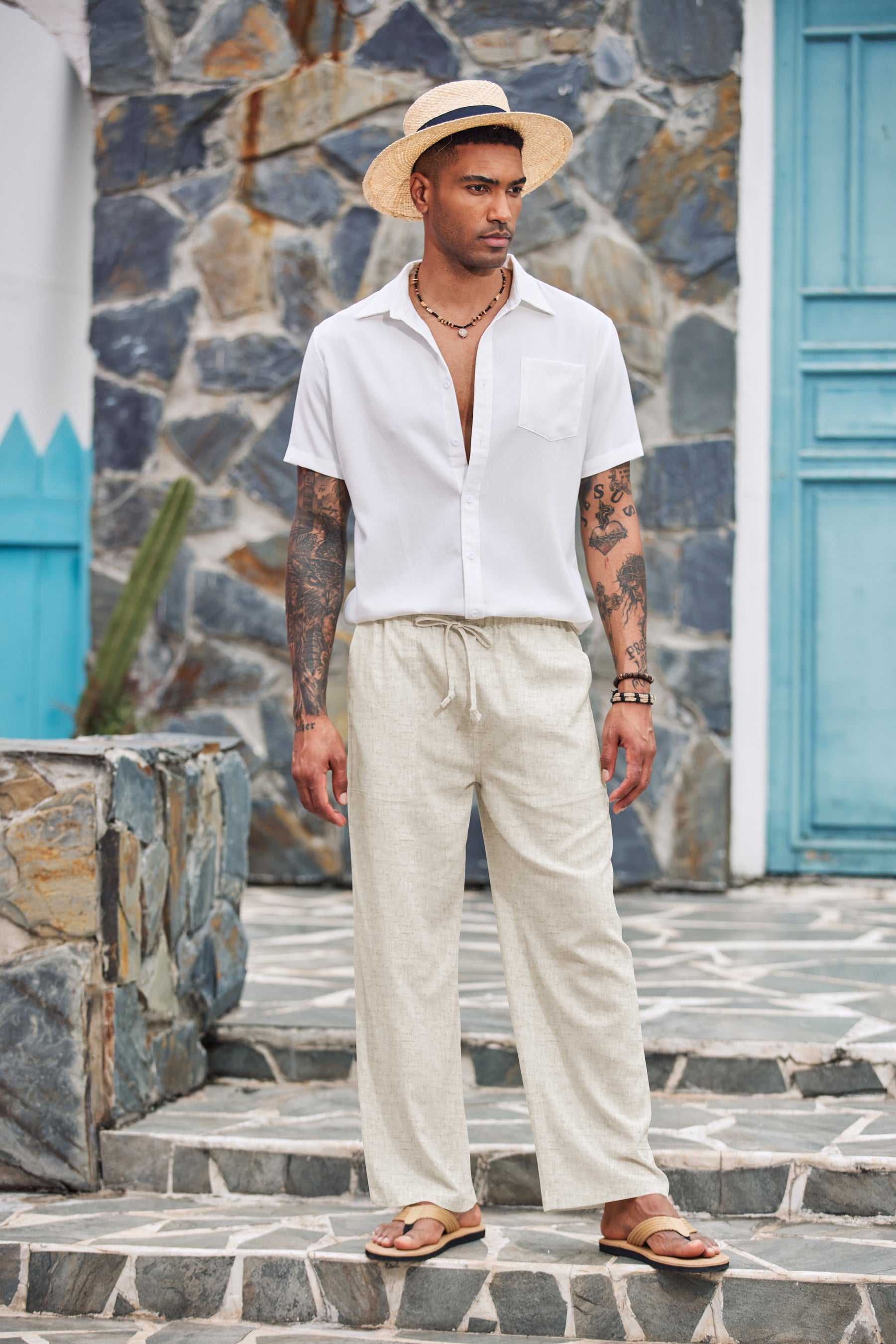 COOFANDY Mens Casual Linen Pants Elastic Waist Linen Pants Drawstring Summer Beach Yoga Linen Trouser