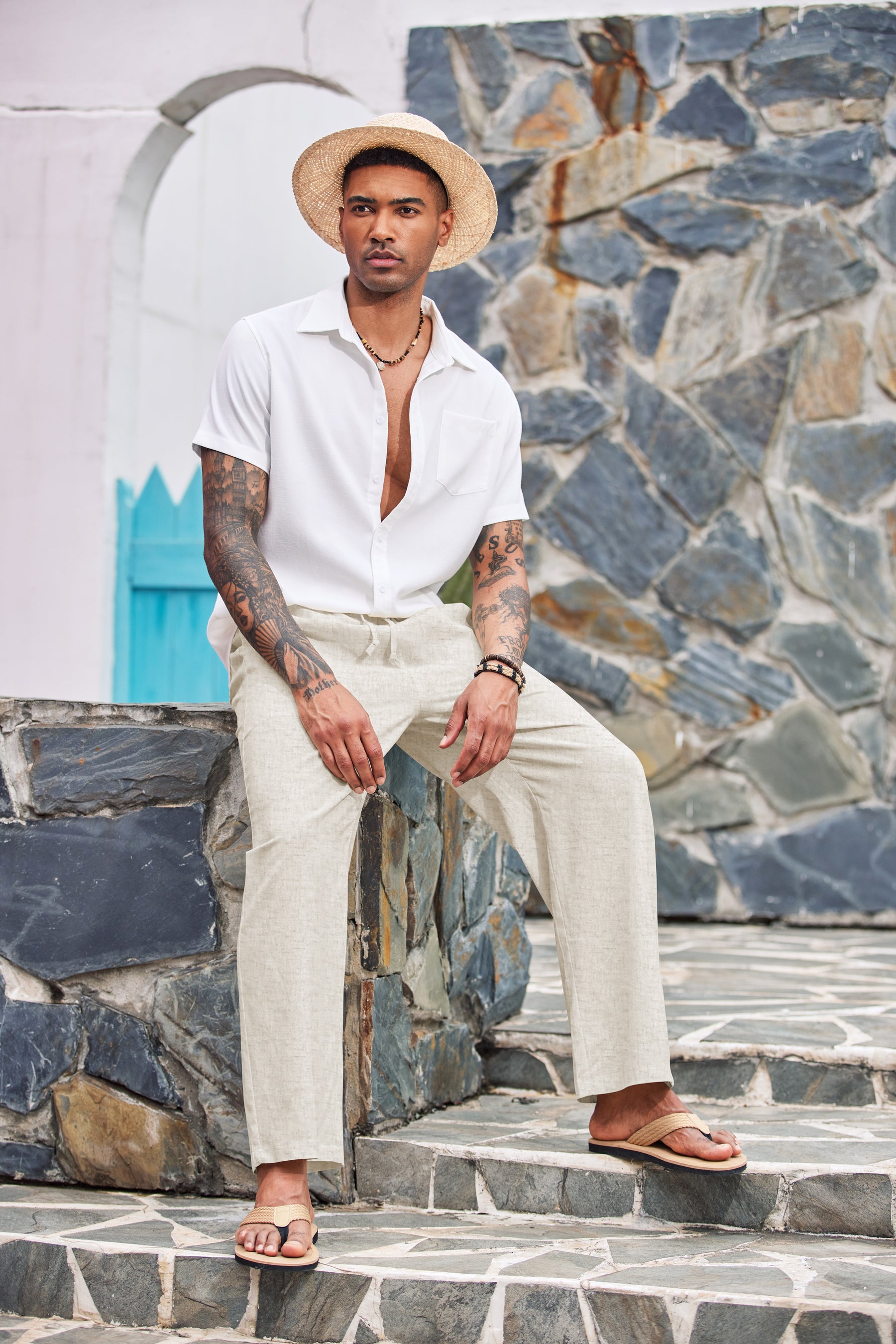 COOFANDY Mens Casual Linen Pants Elastic Waist Linen Pants Drawstring Summer Beach Yoga Linen Trouser
