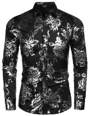 COOFANDY Men's Rose Shiny Shirt Luxury Flowered Printed Button Down Shirt S-XXL